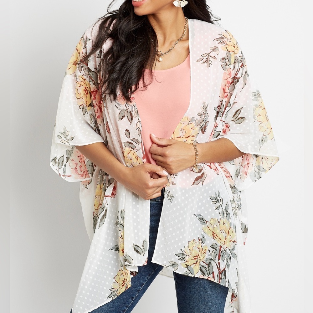 Maurices White Floral Swiss Clip Dot Kimono Multi Pastel Open One Size Women’s